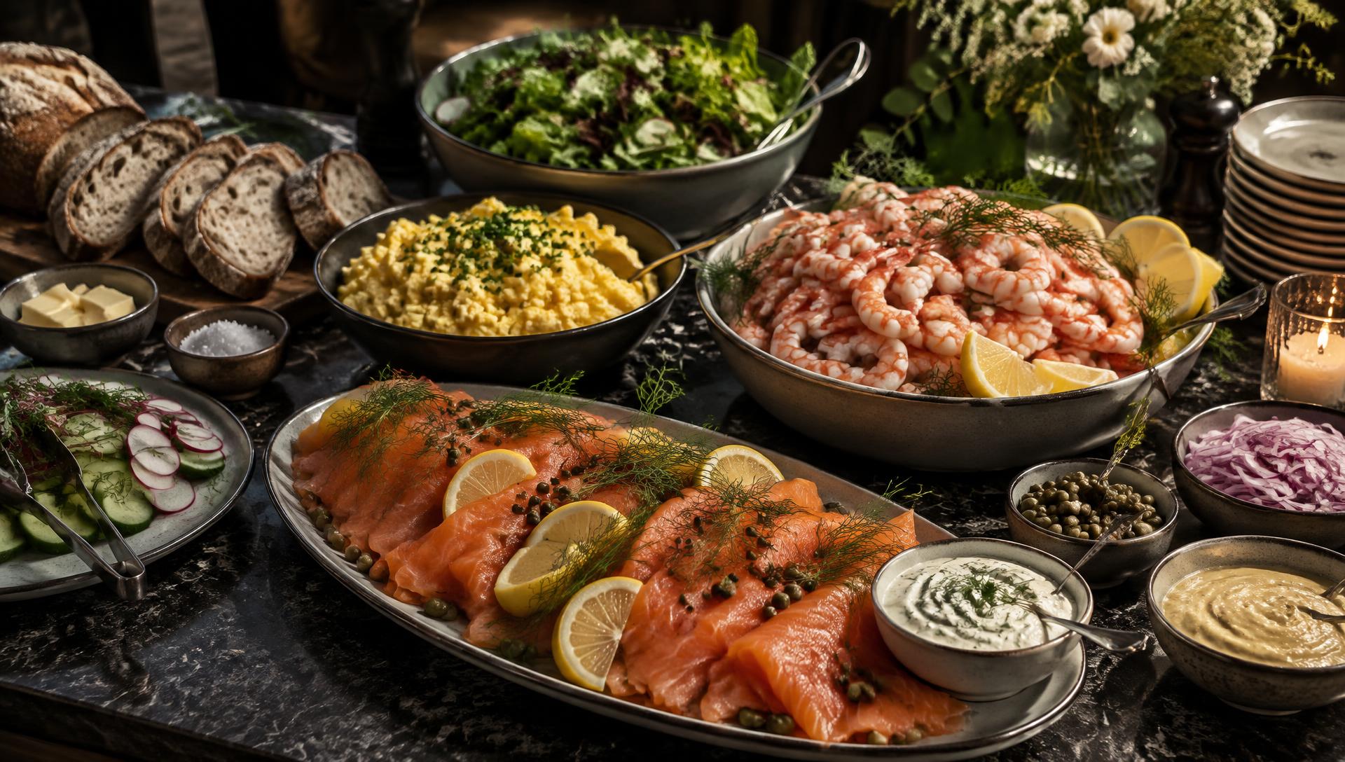 Koldtbord med røkelaks, reker, salat og ferskt brød